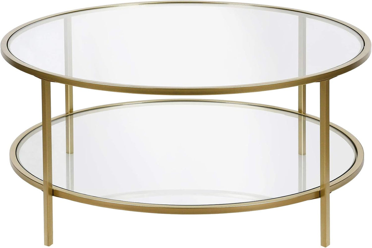 Henn&Hart 36" Wide Round Coffee Table with Glass Top in Brass, Round Coffee Table for living room, studio apartment essentials