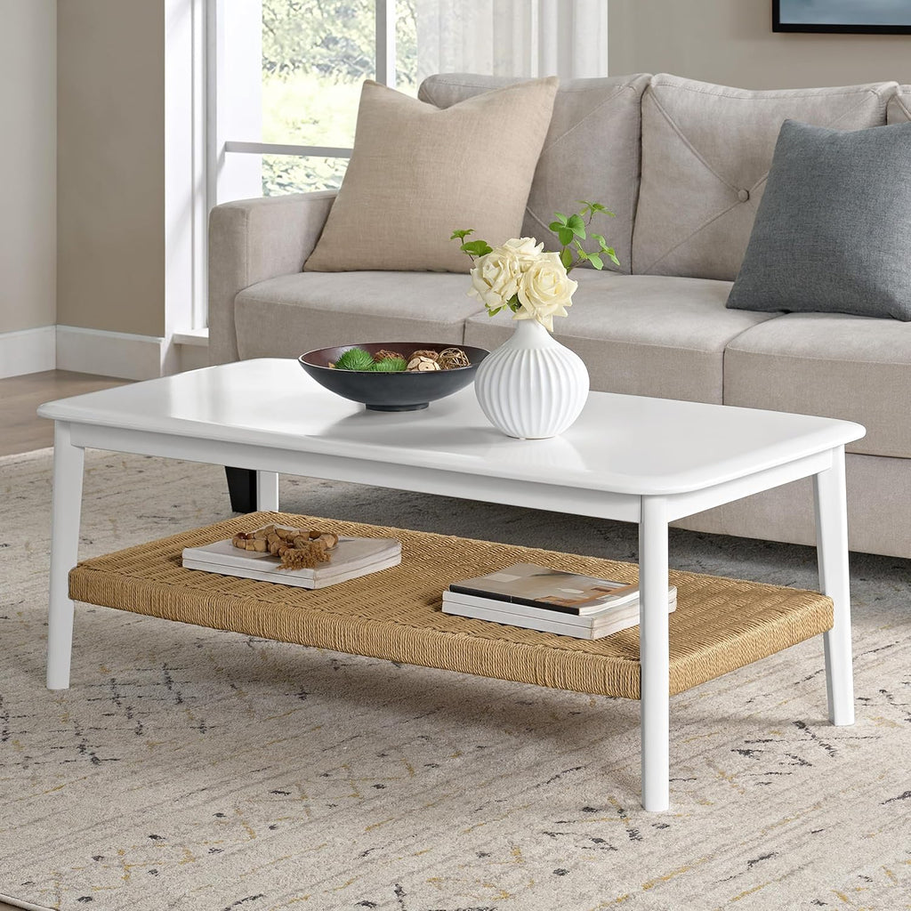 Alaterre Furniture Calais 48 Inch Rectangular Wood Coffee Table with Woven Storage Shelf – Mid Century Modern 2-Tier Living Room Table (White)