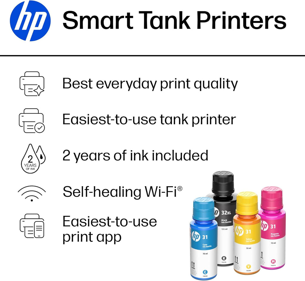 HP Smart Tank 6001 Wireless All-in-One Ink Tank Printer, Scanner, Copier with 2 Years of Ink Included, Best-for-Home, Cartridge-Free Refillable, AI-Enabled (2H0B9A)