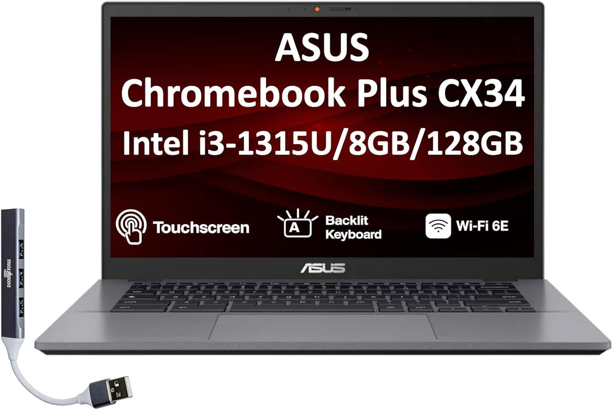 ASUS Chromebook Plus CX34 14.0" FHD Touchscreen 3-Sided NanoEdge Display (Intel i3-1315U, 8GB LPDDR5, 128GB SSD, Backlit KB, Wi-Fi 6E, HD Webcam, Chrome OS) - Ideal for Everyday Value Use (Renewed)