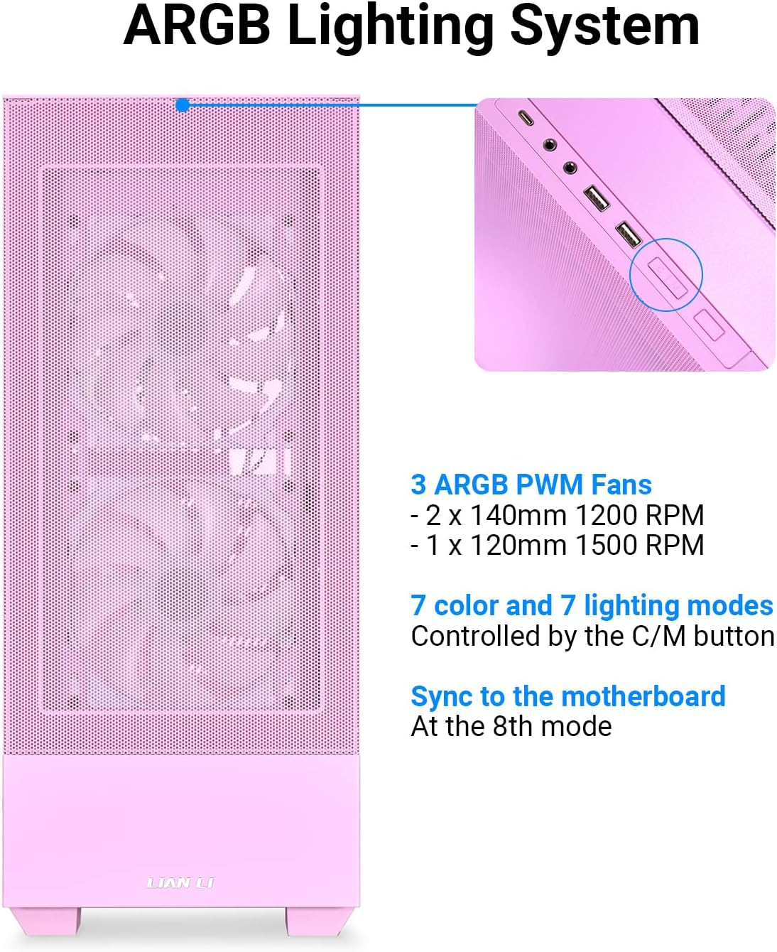 LIAN LI High Airflow ATX PC Case, RGB Gaming Computer Case, Mesh Front Panel Mid-Tower Chassis w/ 3 ARGB PWM Fans Pre-Installed, USB Type-C Port, Tempered Glass Side Panel (LANCOOL 205 MESH C, Pink)