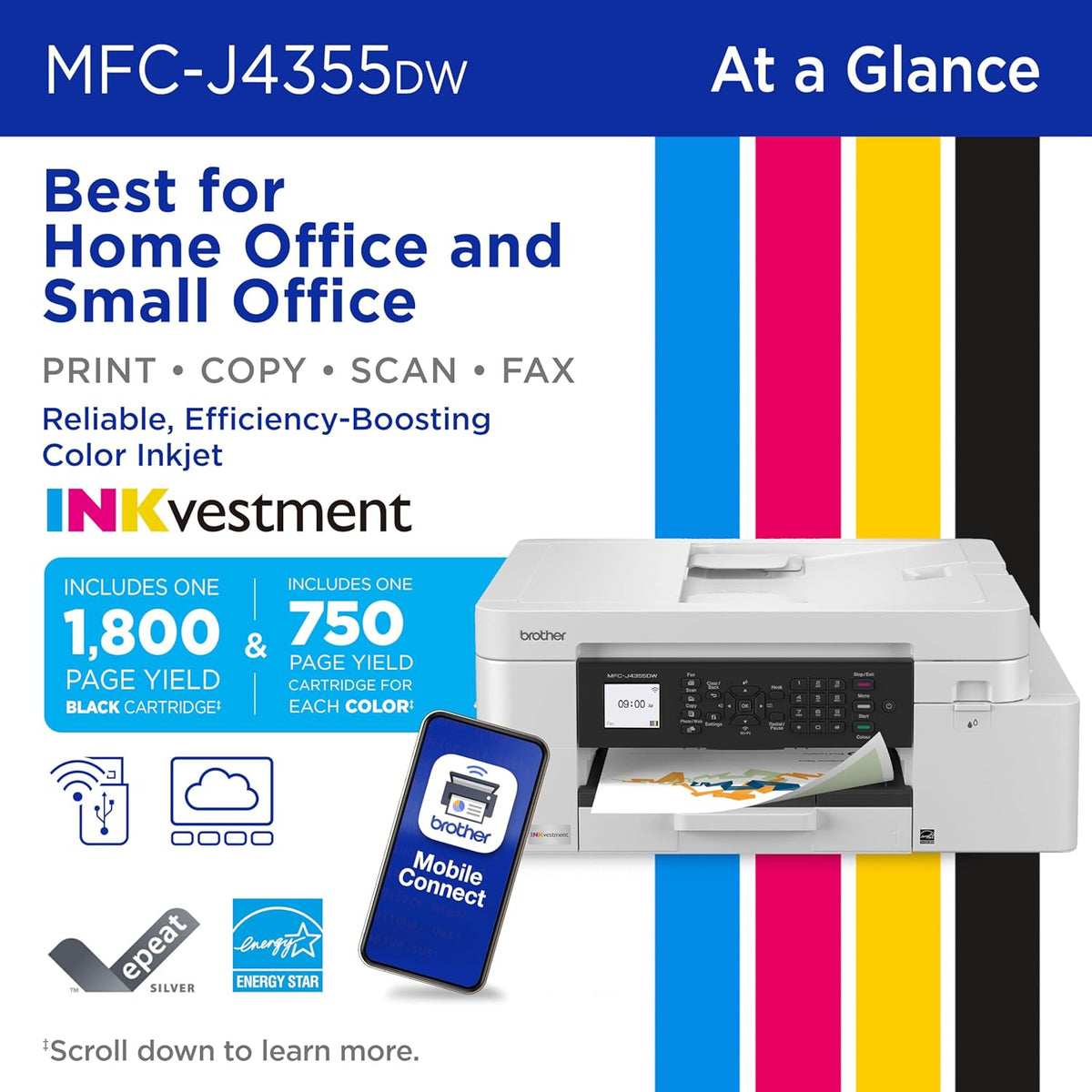 Brother INKvestment 4355 Wireless Color Inkjet All-in-One Printer with 1.8” Color Display and Manual Feed Slot | Includes Refresh Subscription Trial(1) (MFC-J4355DW)