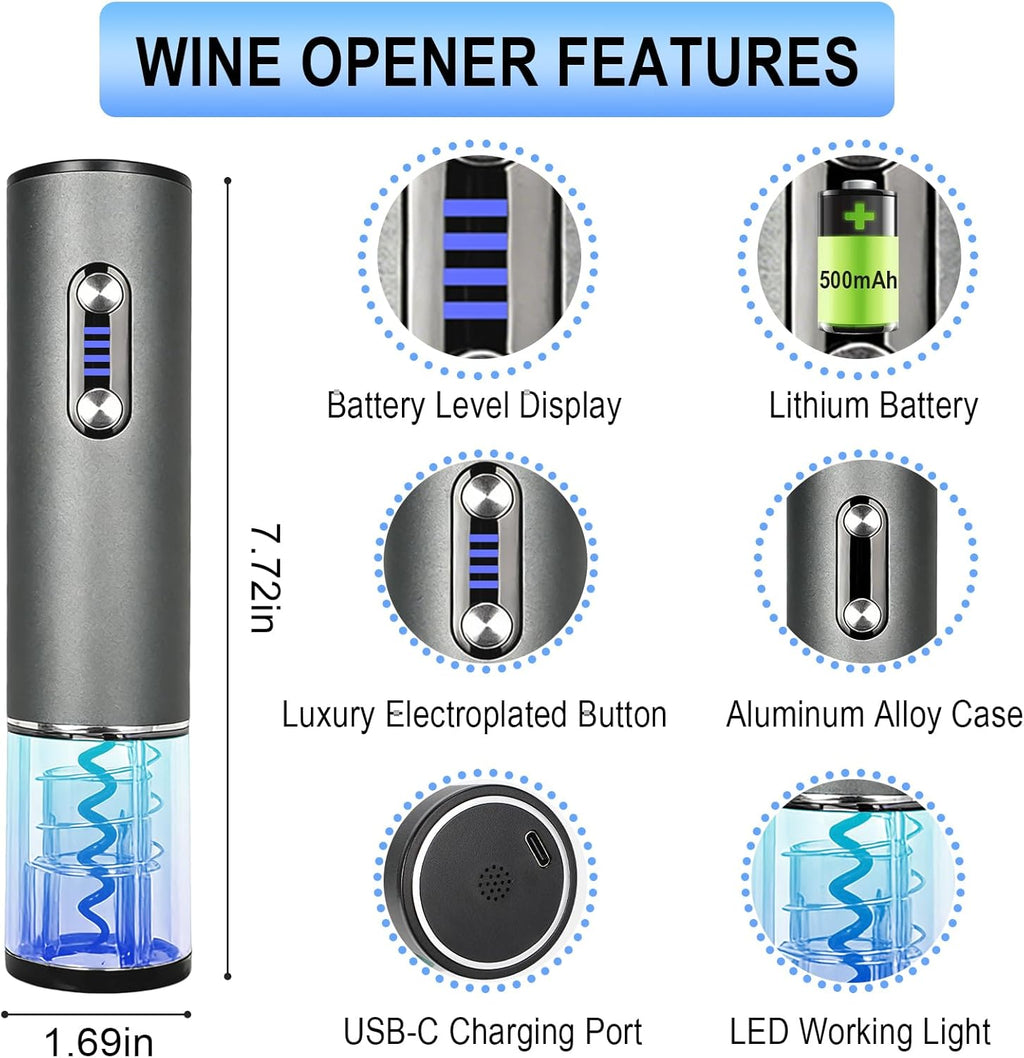 Electric Wine Opener, Automtic Wine Bottle Opener, USB-C Rechargeable Wine Opener Set with Foil Cutter, Wine Aerator Pourer, 2 Vacuum Stoppers and Storage Base
