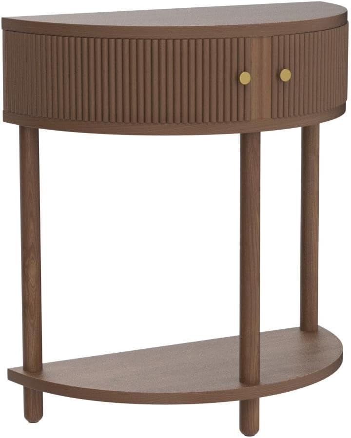 Stead Fluted Half Moon Shaped Console Table - Small Entry Desk - Living Room Furniture - Modern Home Decor - Solid Wood Entryway Table with Two Doors and Brass Knobs (Walnut)