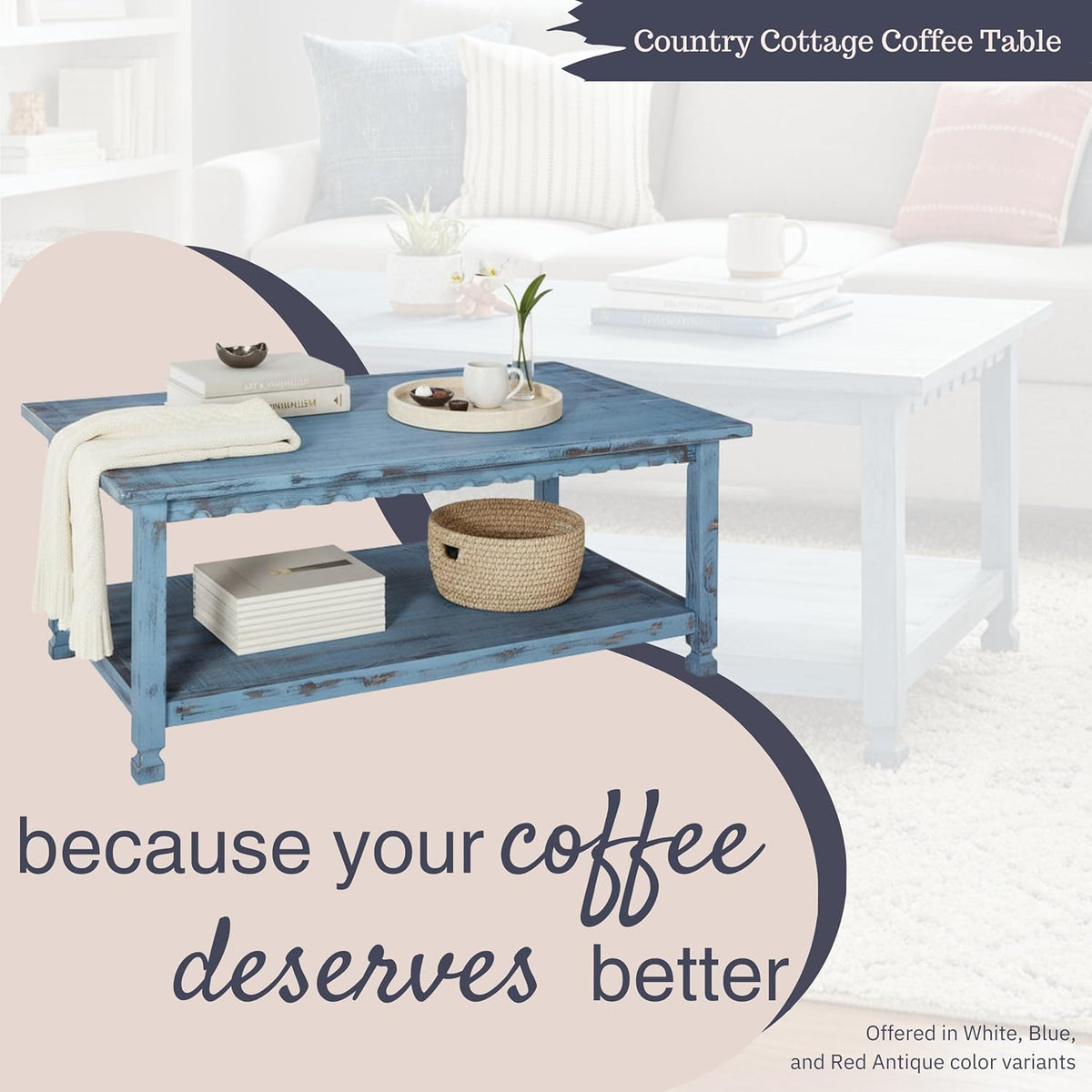 Rustic Rectangular Coffee Table, 42 in. W x 24 in. D x 18 in. H, Living Room Blue Antique, W/ (1) 36 in. W x 18 in. D x 10 in. H Shelf, Farmhouse/Cottage Style, Select Hardwood/Construction