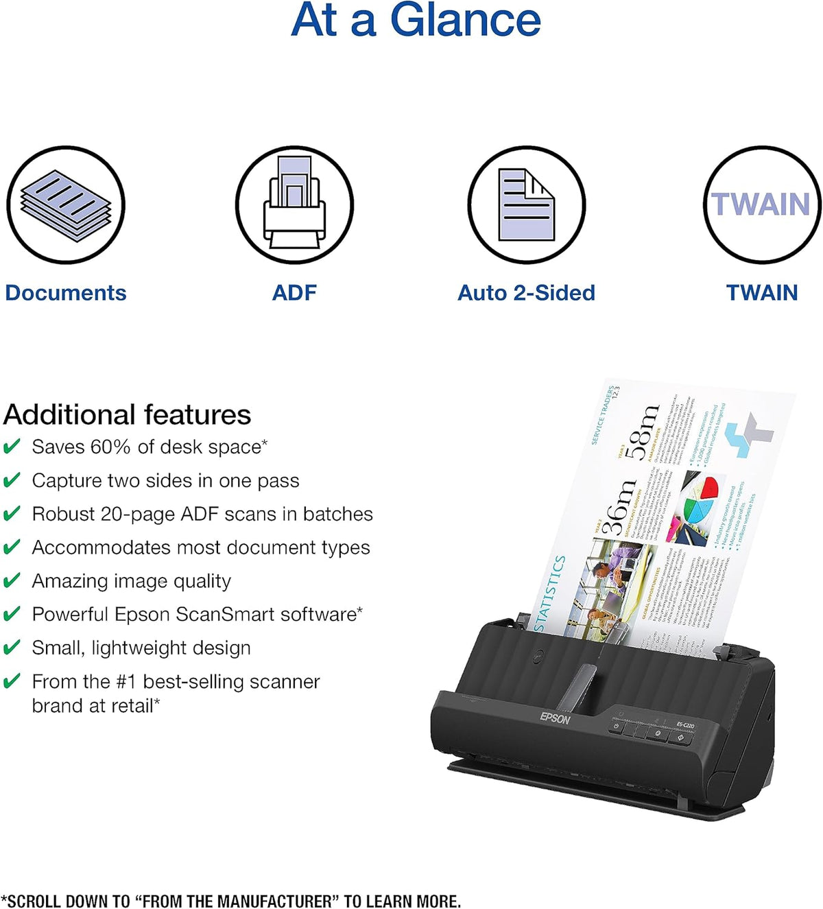 Epson Workforce ES-C220 Compact Desktop Document Scanner - 2-Sided Scanning - ADF - for PC and Mac