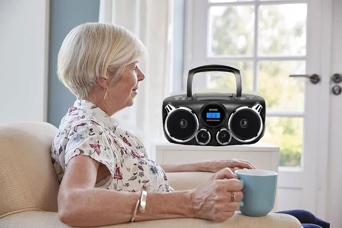 RIPTUNES Portable CD Player Bluetooth Stereo Sound, Digital AM FM Radio, MP3 CD Boombox USB SD Playback with Enhanced Bass, Aux in, Headphone Jack, CD-R/CD-RW Compatible, LCD Backlit Display, Black