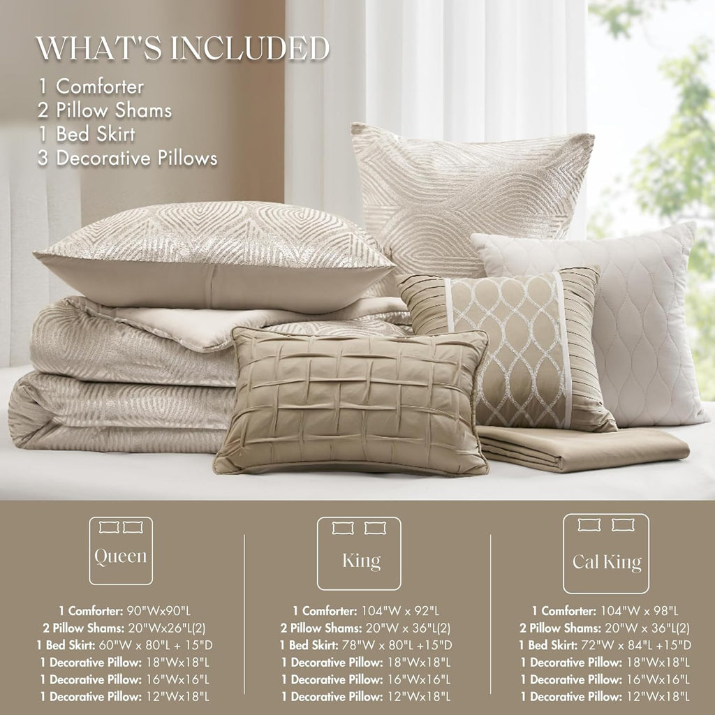 Madison Park 7-Piece Velvet Comforter Set, Jacquard Bedding Sets for All Season, Includes Comforter, Bed Skirt, Pillow Shams and Decorative Pillow, Queen/King/Cal King, Nocturne, Champagne | All Season