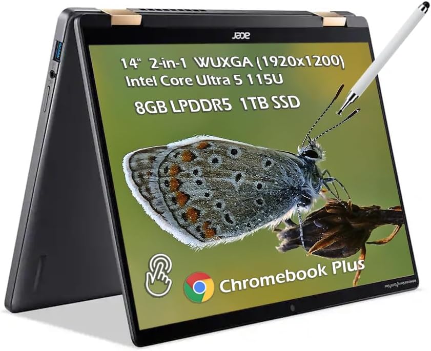acer Chromebook Plus Spin 714 2-in-1 Laptop, Intel Core Ultra 5 115U, 14" WUXGA IPS Touch Display, 8GB LPDDR5 1TB SSD, Wi-Fi 6E Webcam Backlit Keyboard Chrome OS, Steel Gray, w/Stylus Pen, W/GaLiMu