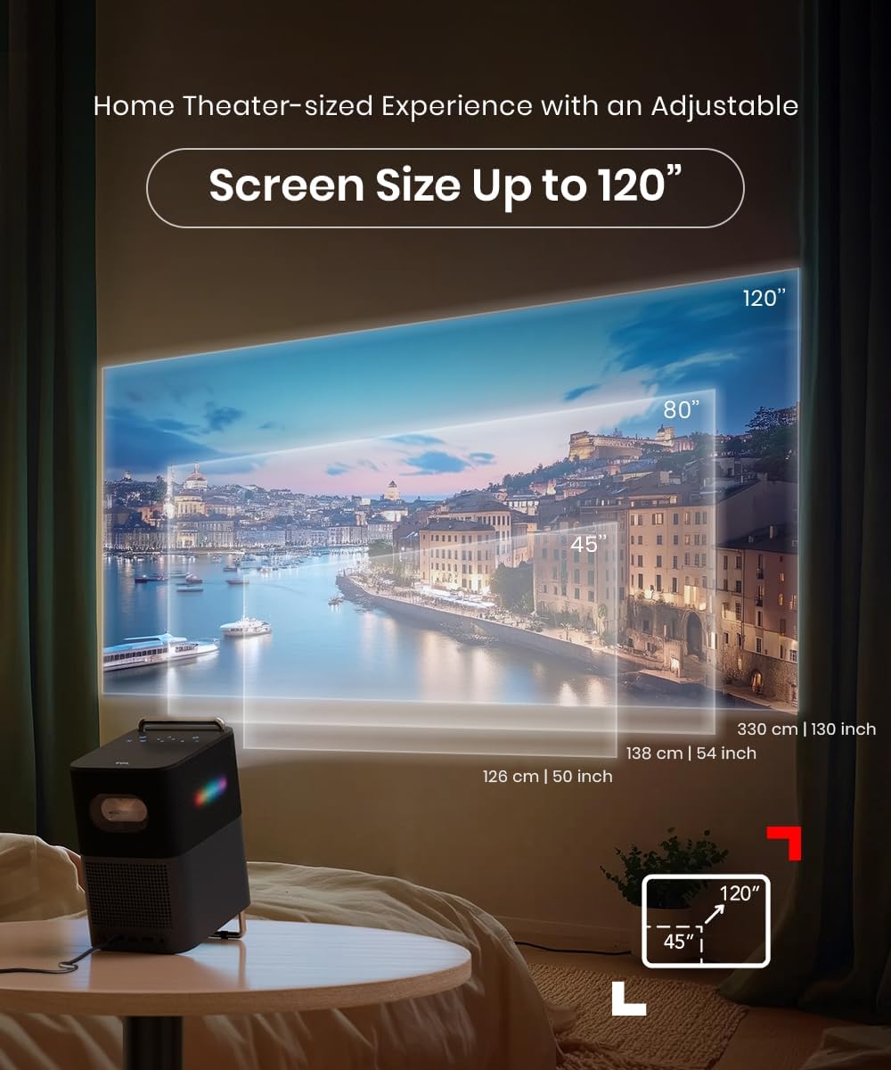 TCL A1 GTV Projector with Official Netflix Licensed, 1080P Portable Outdoor Movie Projector, 360 ISO Lumens, 4K Supported Bluetooth WiFi Projector, 120" Screen, Auto Focus, Dolby Digital, 16W Speaker