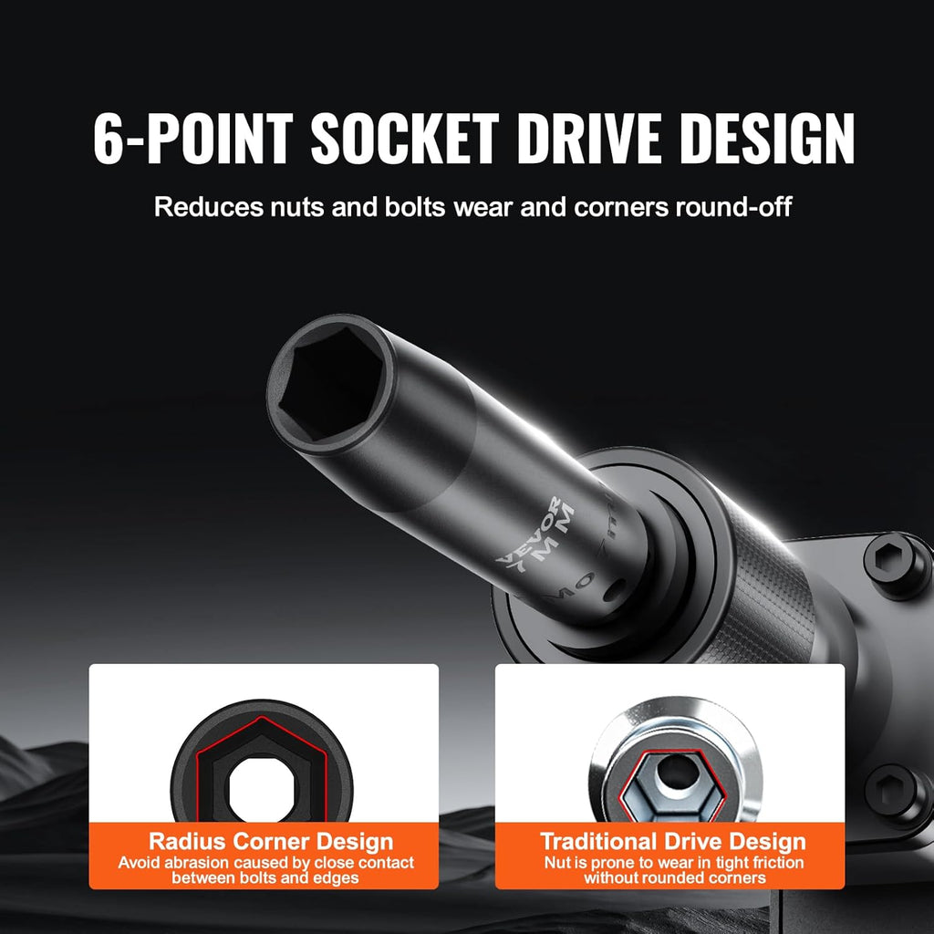 VEVOR 1/2" Drive Impact Socket Set, 65 Piece SAE 3/8" to 1-1/4" and Metric 10-24mm, 6 Point Cr-V Alloy Steel for Auto Repair, Easy-to-Read Size Markings, Rugged Construction, Storage Case