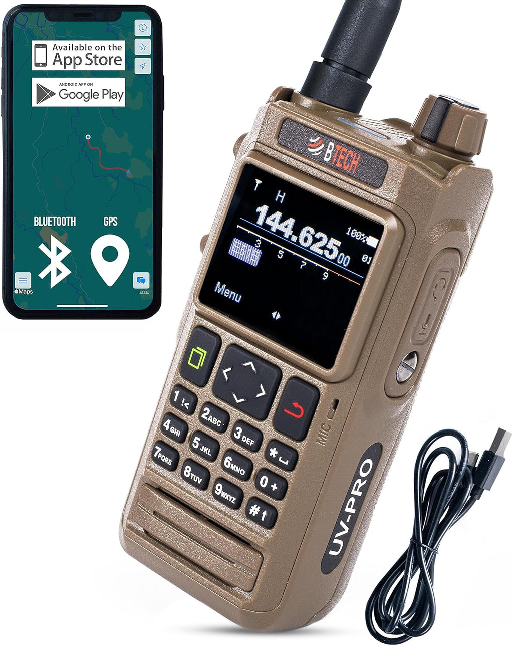 BTECH UV-PRO (TAN) IP67 Dual Band VHF/UHF Two-Way Radio - APRS, Bluetooth, GPS, Text Messaging, Aviation Band Scanner, NOAA Weather Alerts, USB-C Rechargeable Battery