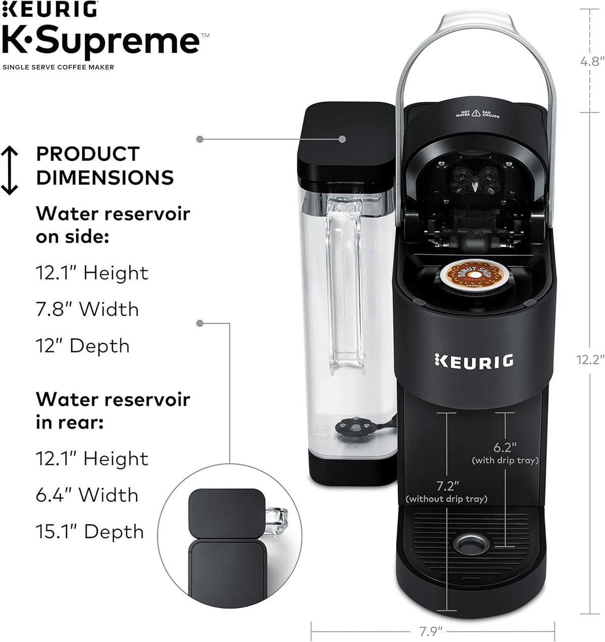 Keurig K-Supreme Single Serve K-Cup Pod Coffee Maker, MultiStream Technology, 4 Brew Sizes, 66oz Dual-Position Removable Reservoir, Black