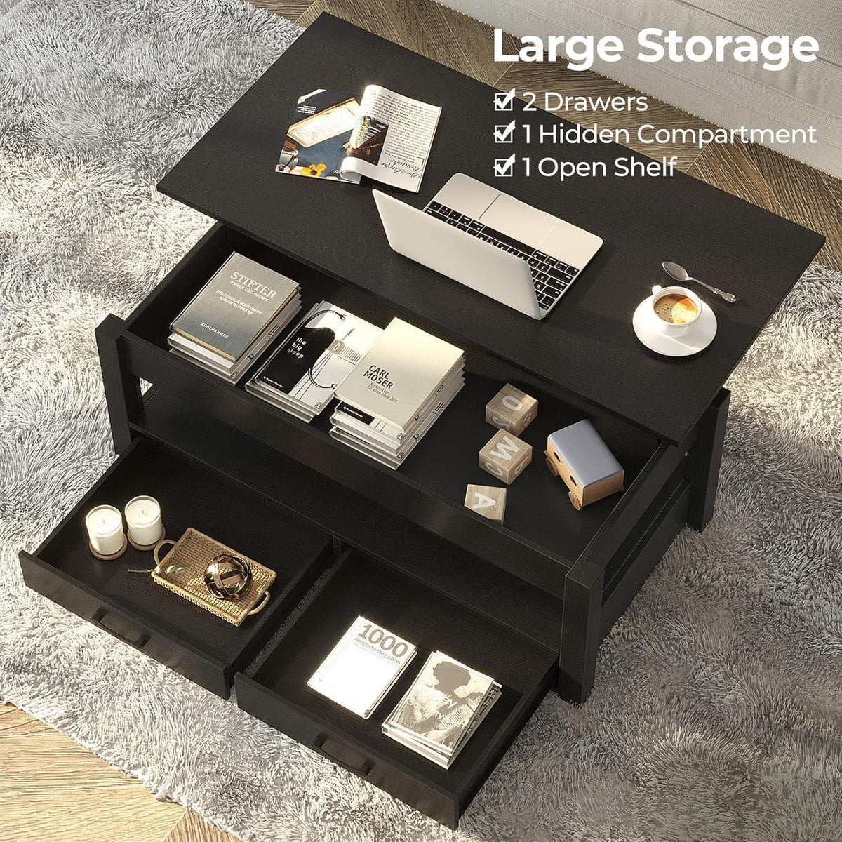 Rolanstar Coffee Table, Lift Top Coffee Table with Drawers and Hidden Compartment, Retro Central Table with Wooden Lift Tabletop, for Living Room, Black
