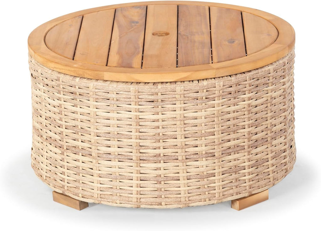 SAFAVIEH Couture Outdoor - Anguilla Round Wicker Coffee Table - Solid Wood and Aluminum - Coastal Woven Design - Ideal for Patio, Deck, Porch, Backyard, 25.6"W x 25.6"D x 13.8"H (CPT2103A)