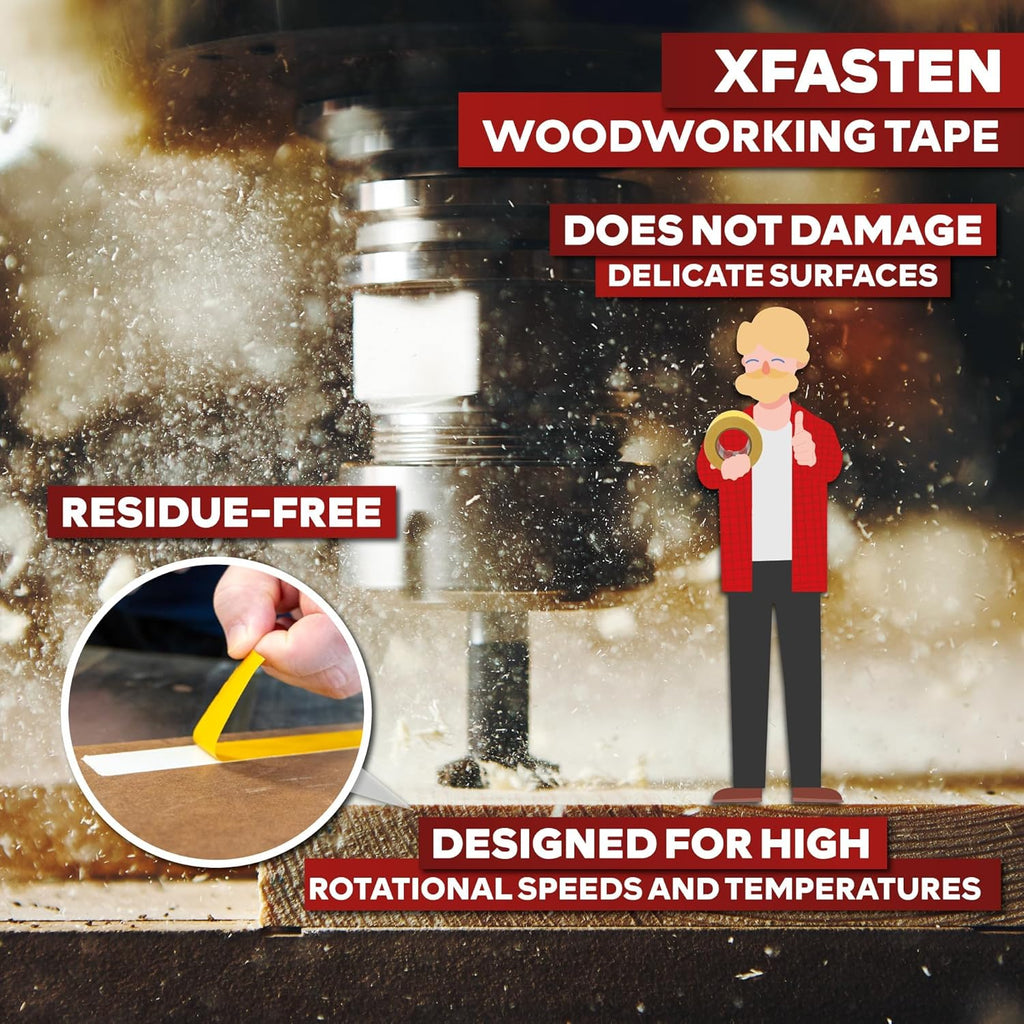 XFasten Double Sided Woodworking Tape 2 Inch x 90 Feet, Heavy Duty Residue-Free Double Sided Masking Tape for Router Templates, High Speed CNC Router, MDF Edge Banding, and Zero Clearance and Gap Cuts