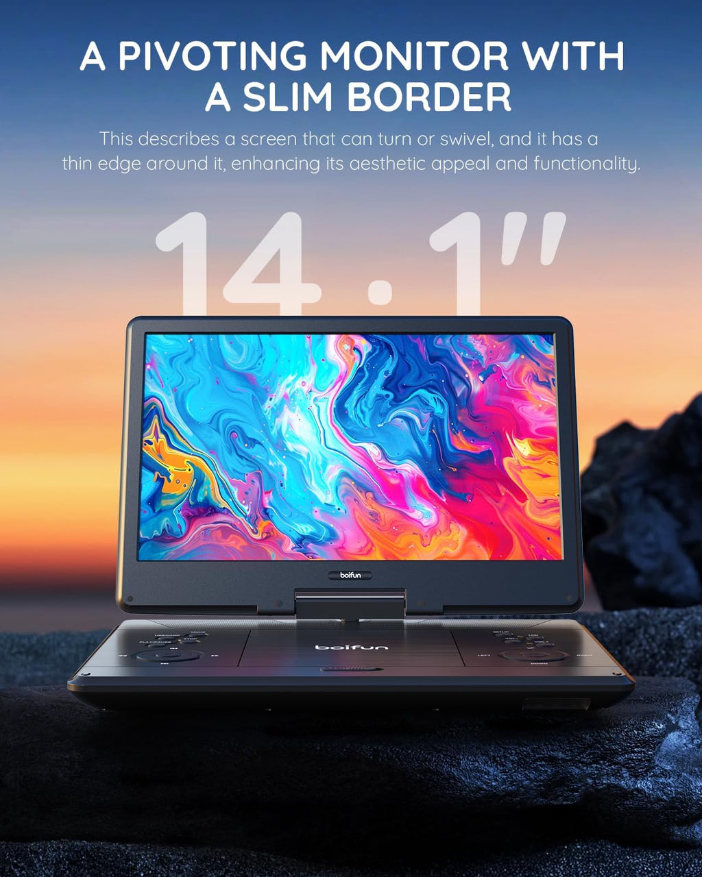 15.7" Portable DVD Player with 14.1" Large Screen Support, HDMI Input, 5 Hrs Rechargeable Battery, Sync TV/Projector, USB/SD, Region Free, Dual Speaker, Multiple Disc Formats, Black