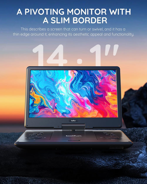 15.7" Portable DVD Player with 14.1" Large Screen Support, HDMI Input, 5 Hrs Rechargeable Battery, Sync TV/Projector, USB/SD, Region Free, Dual Speaker, Multiple Disc Formats, Black