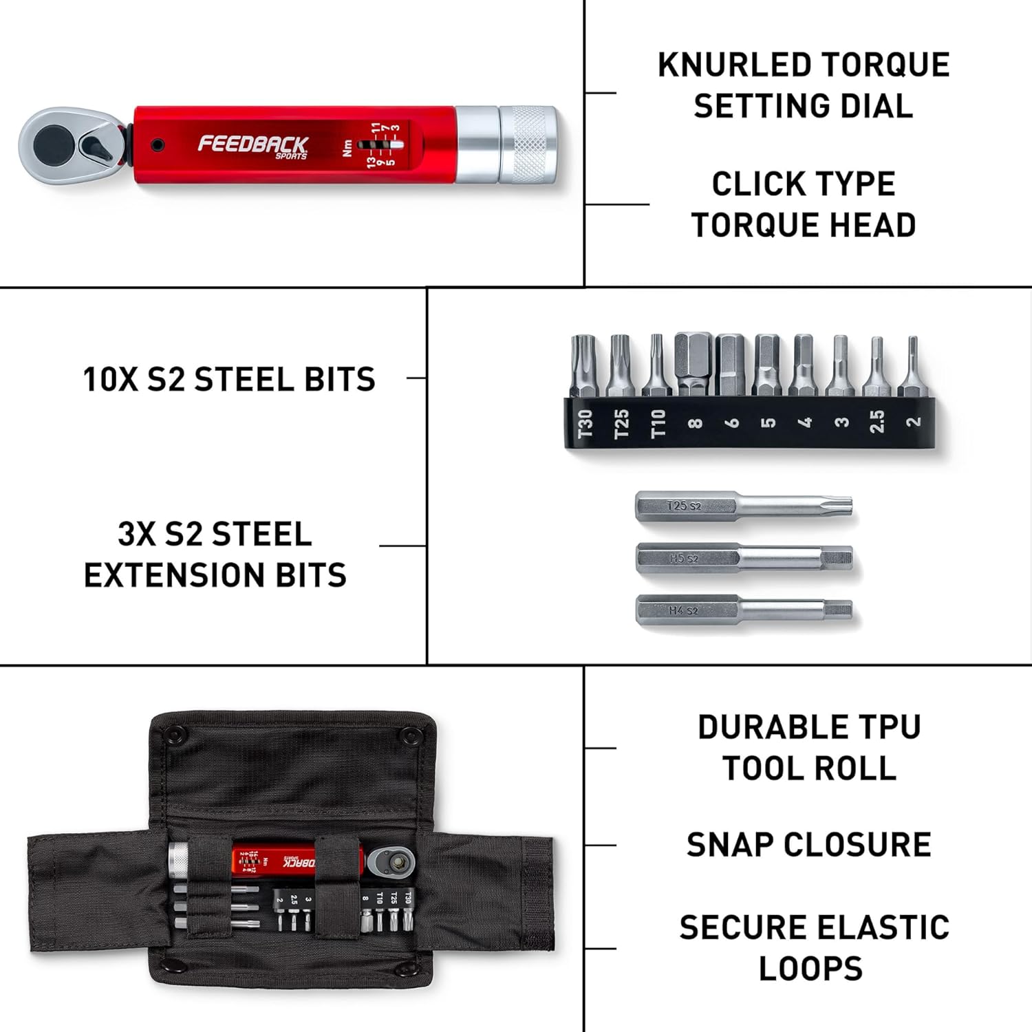Feedback Sports | Range Click Torque Wrench Set | Adjustable Torque Ratchet Bit Driver 2-14Nm | 13 S2 Steel Hex & Torx Bits | TPU Protective Carrying Case | Bicycle Tool Kit | Mini Torque Wrench