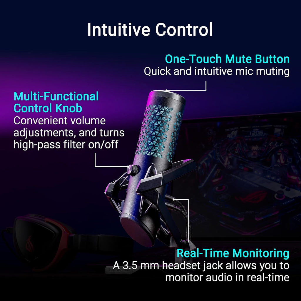 ASUS ROG Carnyx RGB Condenser Gaming Microphone Black (Gaming, Streaming and Podcast, 25 mm Capacitor Capsule, 192 kHz / 24 Bit Sampling Rate, High Pass Filter, Pop Filter, Metal Holder, Aura Sync)