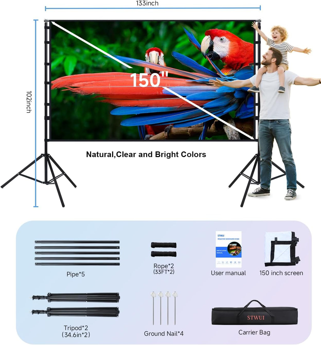 STWUI Projector Screen with Stand - 150 Inch Portable Projector Screens Outdoor Indoor Projector Screen 16:9 4K HD Outdoor Movie Screen with Carry Bag,Enjoy Home Theater Projection Screen
