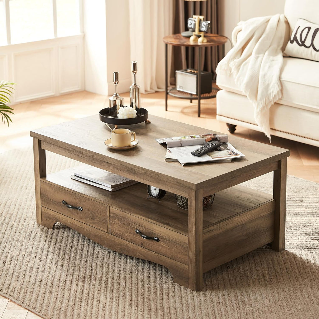LINSY HOME Farmhouse Coffee Table with Storage, Wood Coffee Table for Living Room, Open Display Area and Storage Drawers with Metal Handles, Chic Style with Curved Base, Brown