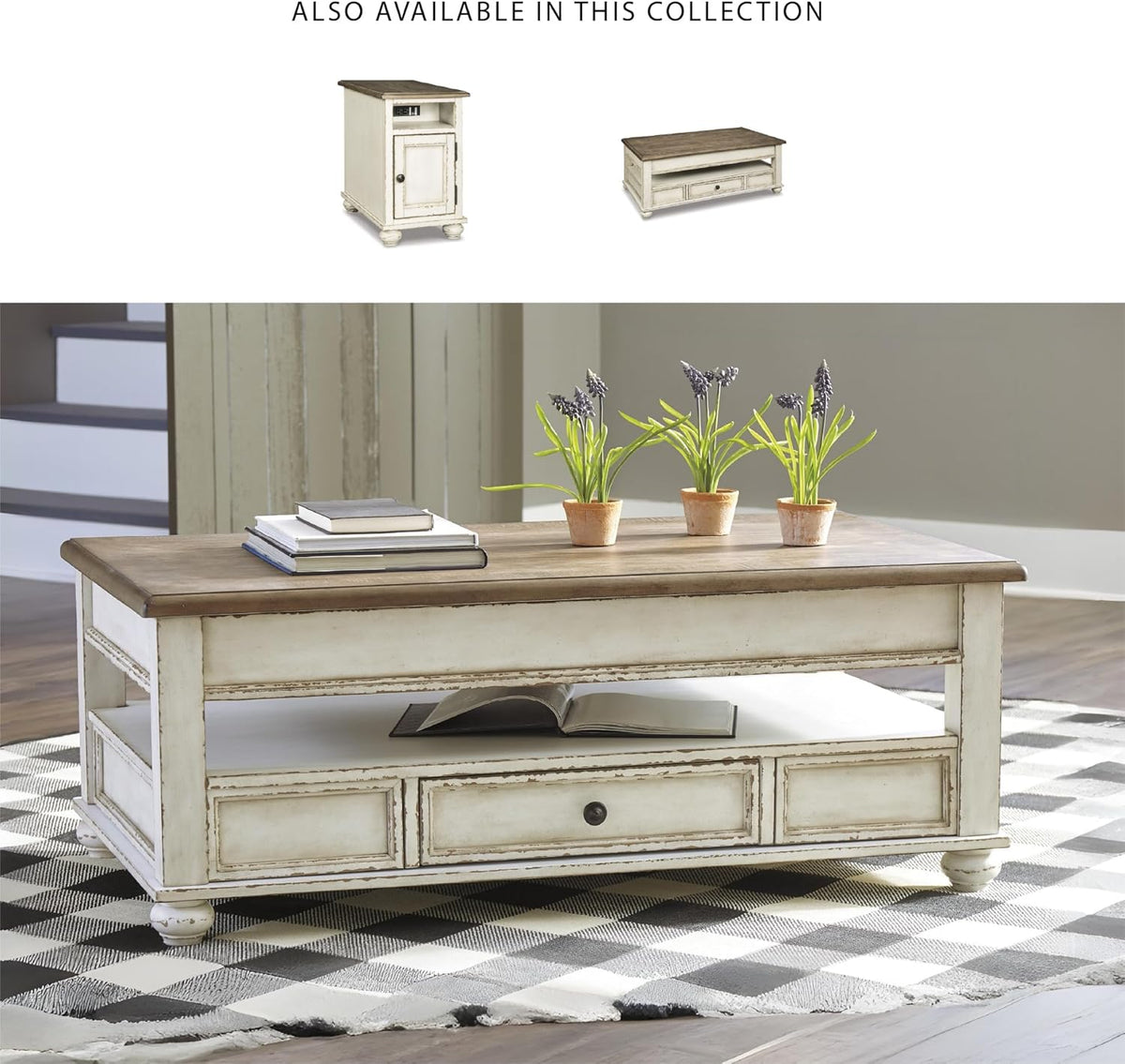 Signature Design by Ashley Realyn Vintage Farmhouse Rectangular Lift Top Coffee Table with Storage Drawer, White & Brown