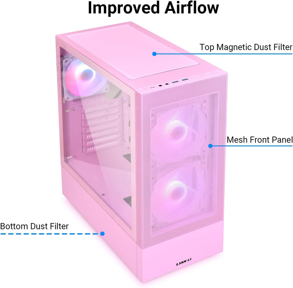 LIAN LI High Airflow ATX PC Case, RGB Gaming Computer Case, Mesh Front Panel Mid-Tower Chassis w/ 3 ARGB PWM Fans Pre-Installed, USB Type-C Port, Tempered Glass Side Panel (LANCOOL 205 MESH C, Pink)