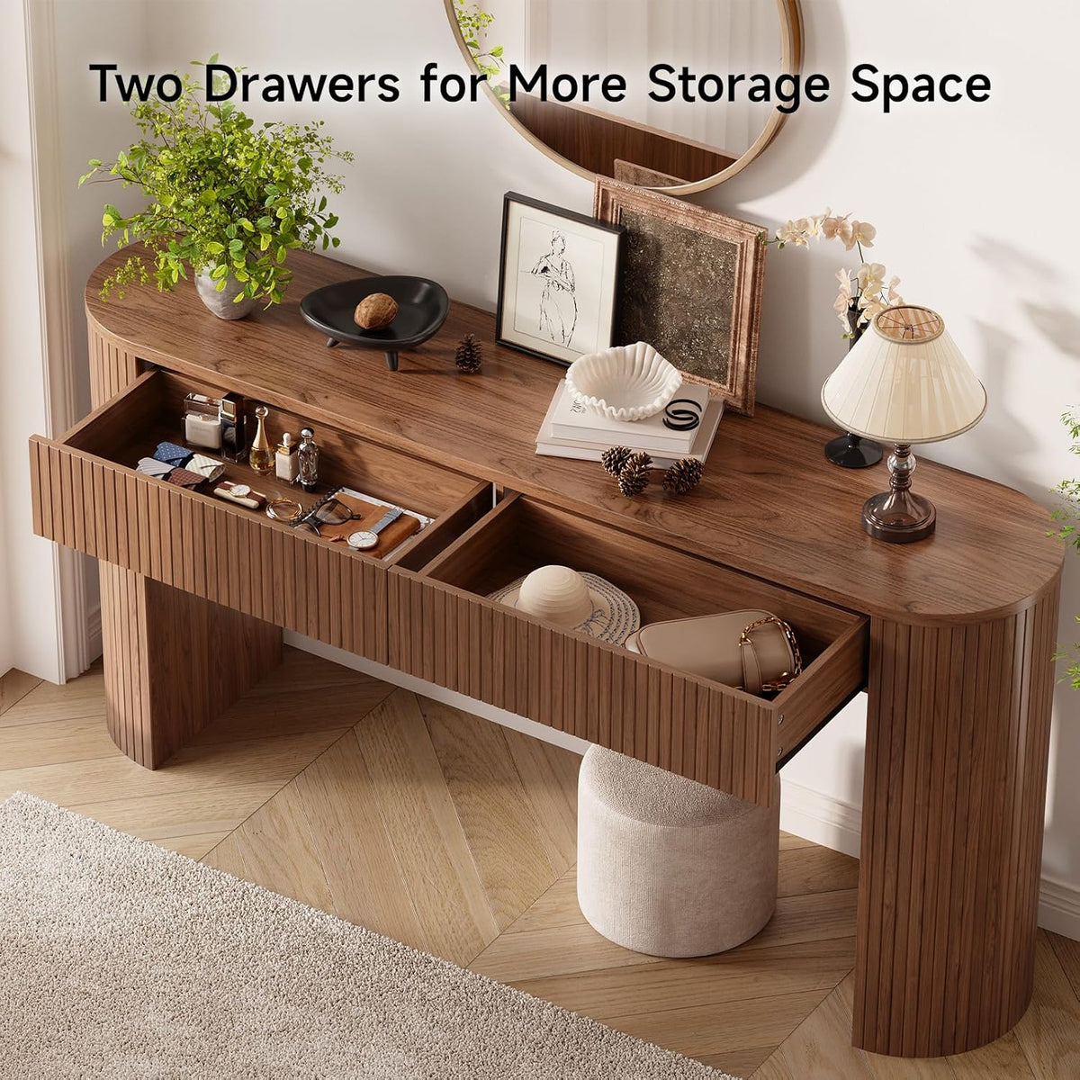 63 Inch Console Table with 2 Drawers, Fluted Entryway Tables with Storage, Sofa Table Behind The Couch, Hallway Tables, Mid-Century Modern Foyer Table for Entryway, Hallway, Living Room, Walnut