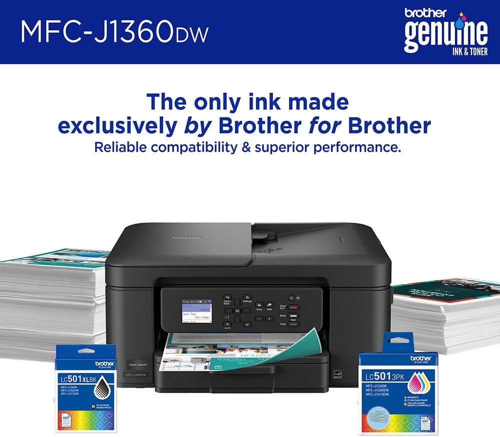 Brother Work Smart 1360 Wireless Color Inkjet All-in-One Printer Bundle with 26‑Month Protection Plan, Printer Essentials Digital Download, 6FT HDMI 2.0 Cable & 6FT USB Type‑A to Type‑B Cable