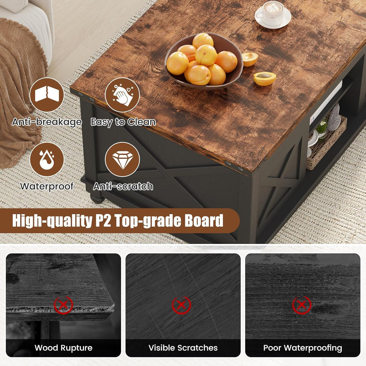 ALLSTAND 48" Farmhouse Lift Top Coffee Table with Storage Sliding Barn Door & Large Hidden Compartment, Coffee Table with Lifting Top with Wooden Lift Tabletop, Coffee Tables for Living Room, Black