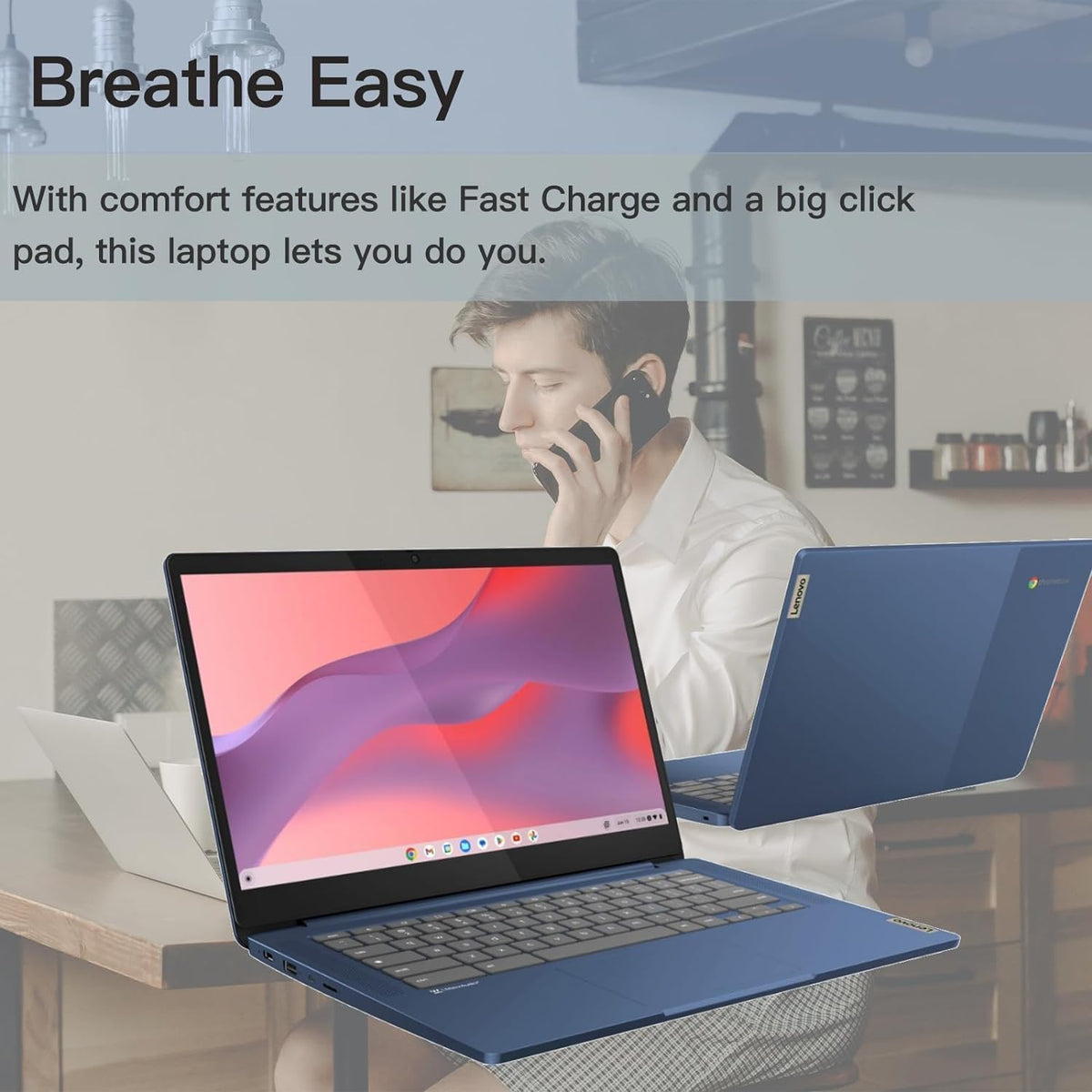 Lenovo Slim 3 Chromebook Laptop, 14” FHD Touchscreen, MediaTek Kompanio 520, 4GB RAM, 64GB eMMC, Webcam, Wi-Fi 6, MicroSD Card Reader, Bluetooth, Chrome OS, Blue