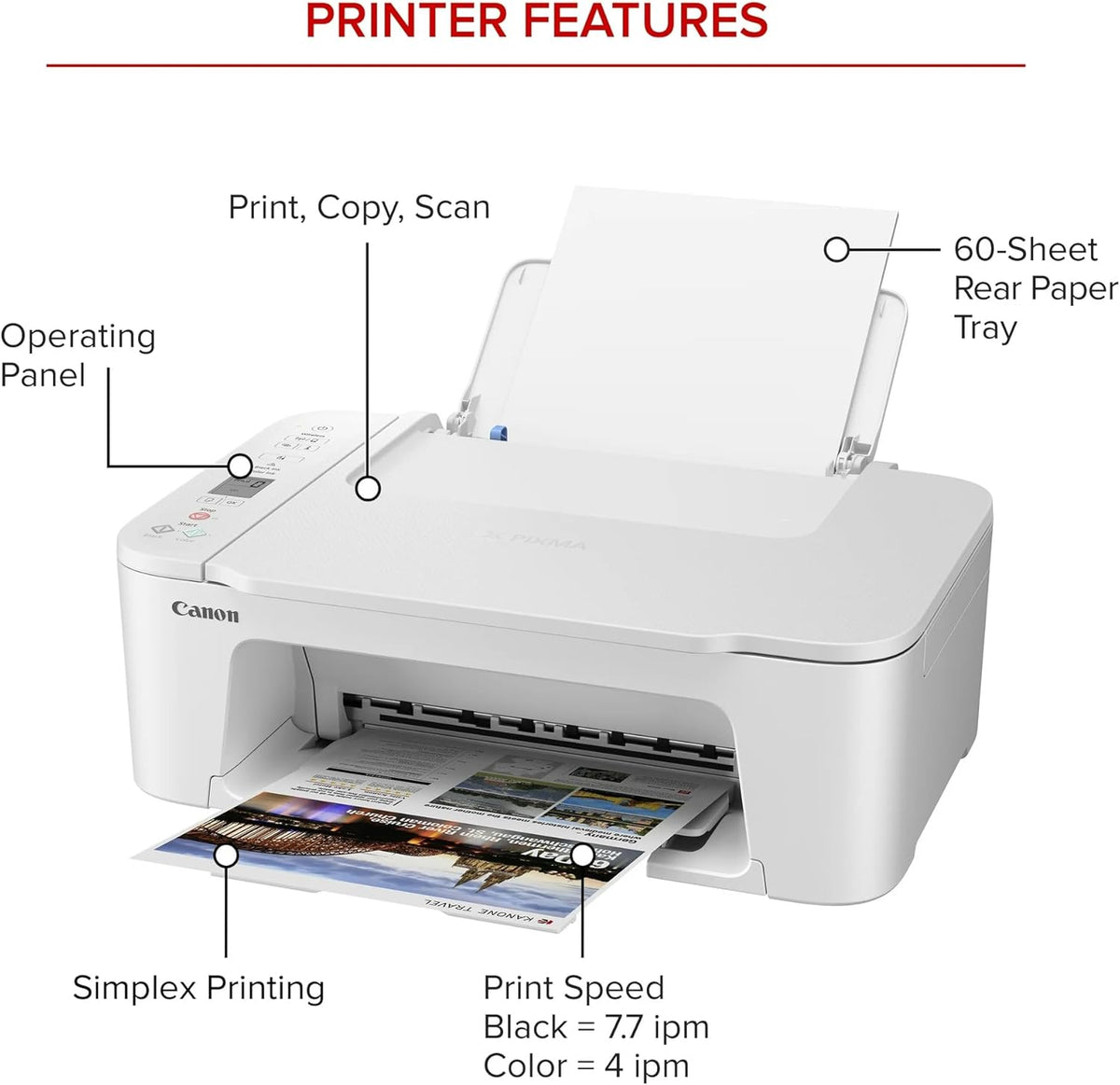 Canon PIXMA 3722 Color Inkjet All-in-One Printer | Print Copy Scan | Wireless | Mobile Printing | Print Up to 7.7 ipm | Up to 60 Sheets Capacity | 1.5" LCD | Wi-Fi (2.4 or 5 GHz) + Printer Cable