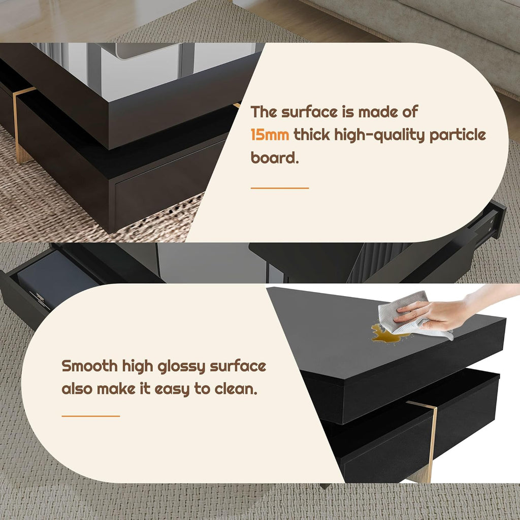 Merax Coffee Table, Modern High Gloss Coffee Table with 4 Drawers, Multi-Storage Square Center Cocktail Table with Wood Grain Legs for Living Room, 31.5"x 31.5" (Black)