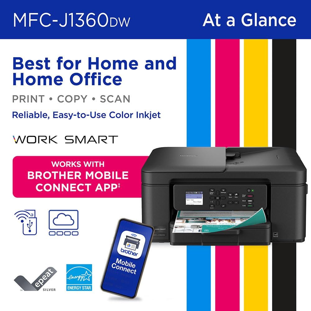 Brother Work Smart 1360 Wireless Color Inkjet All-in-One Printer Bundle with 26‑Month Protection Plan, Printer Essentials Digital Download, 6FT HDMI 2.0 Cable & 6FT USB Type‑A to Type‑B Cable