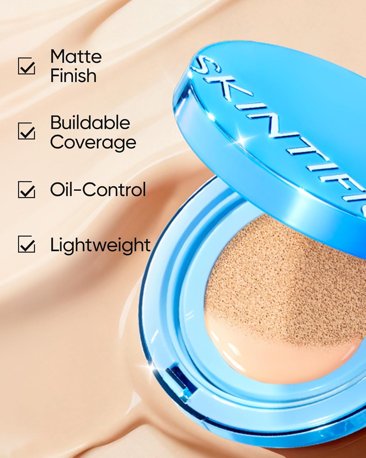 SKINTIFIC Velvet Matte Cushion Foundation Blue #01C Rose Ivory| Full Coverage,12H Oil Control,Ideal for Oily & Combination Skin,Waterproof,Long-Lasting, Lightweight, Hydrating,Transfer-Proof