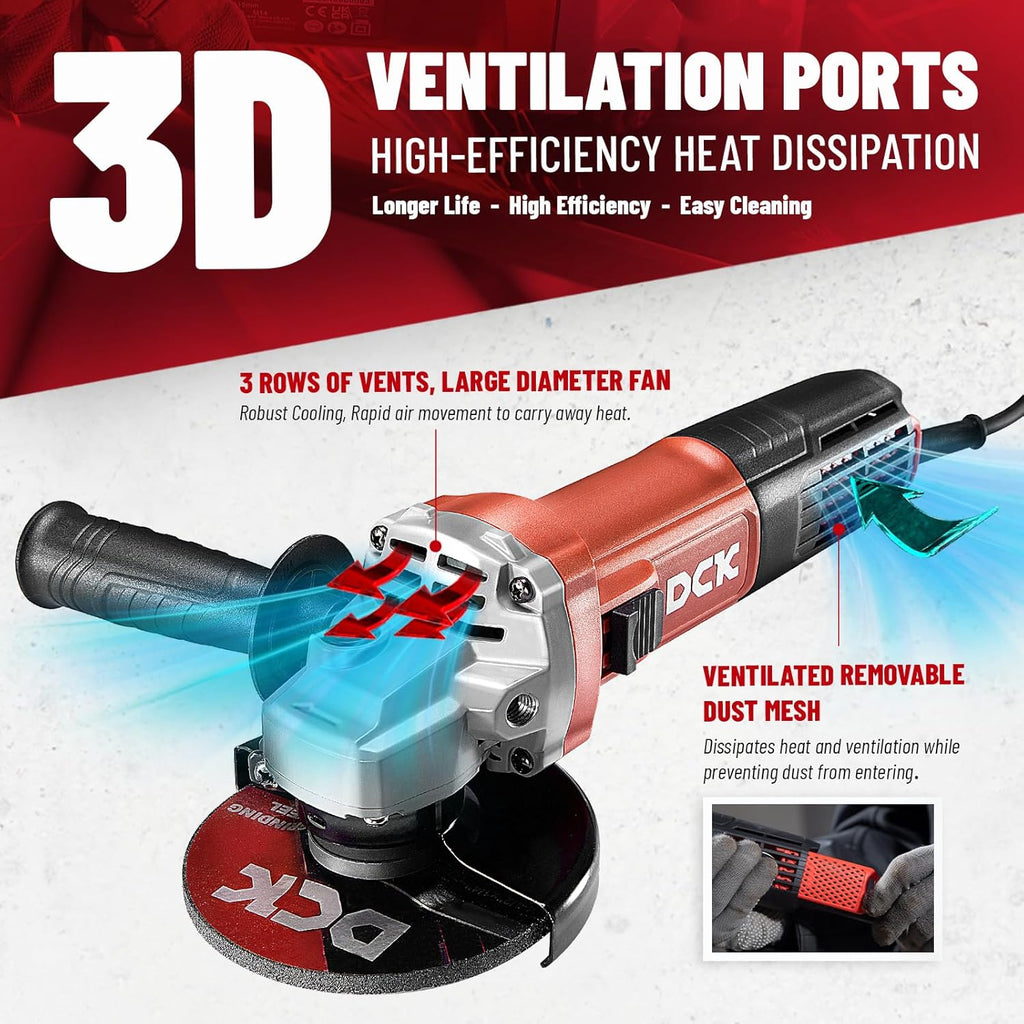 DCK 9.0 Amp Angle Grinder, 4-1/2 Inch Electric Grinder Power Tool, 11800 RPM, Auxiliary Handle and 2 Safety Guards, 6 Piece Discs, Copper Angle Grinder for Cutting, Grinding, Polishing (KSM17-115B)