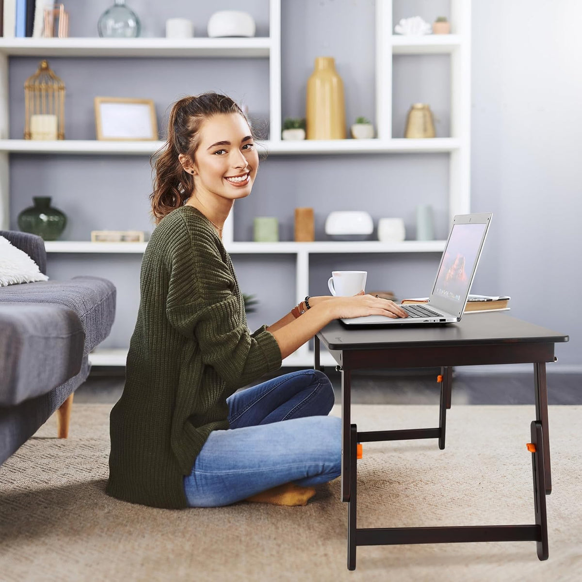 Nnewvante Large Size Floor Desk, Folding Low Coffee Table, No Assembly Required, Adjustable Floor Table for Breakfast Gaming Writing 33.5"x17.7" Black Walnut
