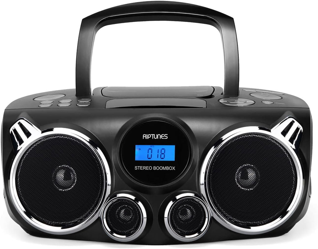 RIPTUNES Portable CD Player Bluetooth Stereo Sound, Digital AM FM Radio, MP3 CD Boombox USB SD Playback with Enhanced Bass, Aux in, Headphone Jack, CD-R/CD-RW Compatible, LCD Backlit Display, Black