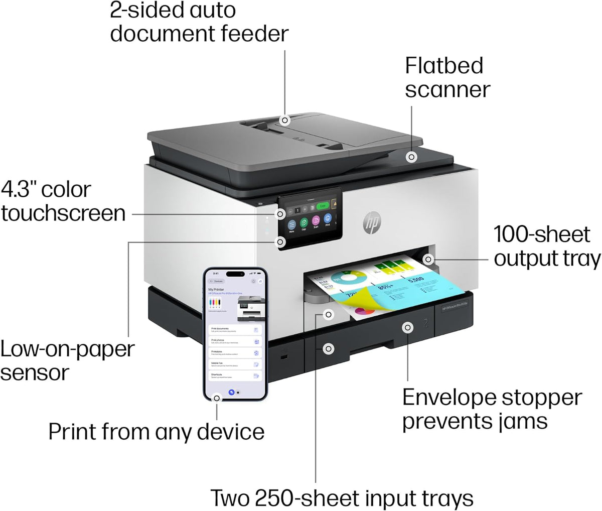 HP OfficeJet Pro 9135e Wireless All-in-One Color Inkjet Printer, Print, scan, copy, fax, ADF, Duplex printing best-for-office, 3 month Instant Ink trial included, AI-enabled (404M0A)
