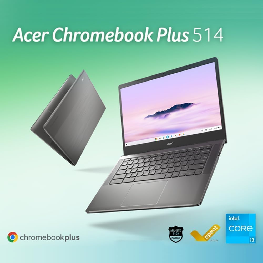 acer Chromebook Plus 514 Laptop with Google AI, Intel 8-Core i3-N305, 8 GB LPDDR5, 512 GB SSD, 14" FHD 1920 x 1080 IPS Touch Screen, Wi-Fi 6E, 1080P Webcam, Chrome OS, 1080p Webcam, Long Battery Life