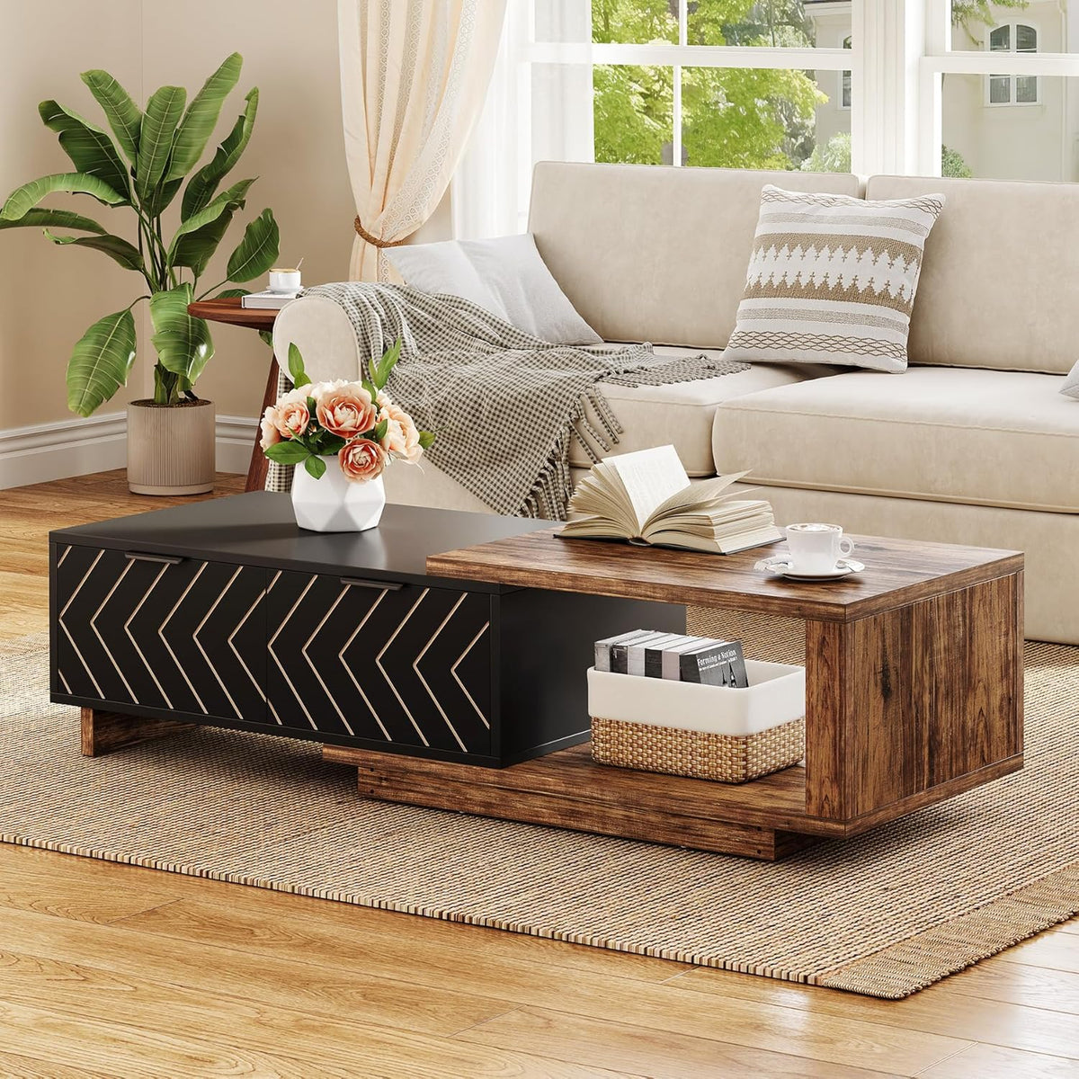 LITTLE TREE Expandable Wooden Coffee Table with 2 Drawers, Space-Saving Rectangular Farmhouse Center Table, Perfect for Living Room and Office, Brown and Black