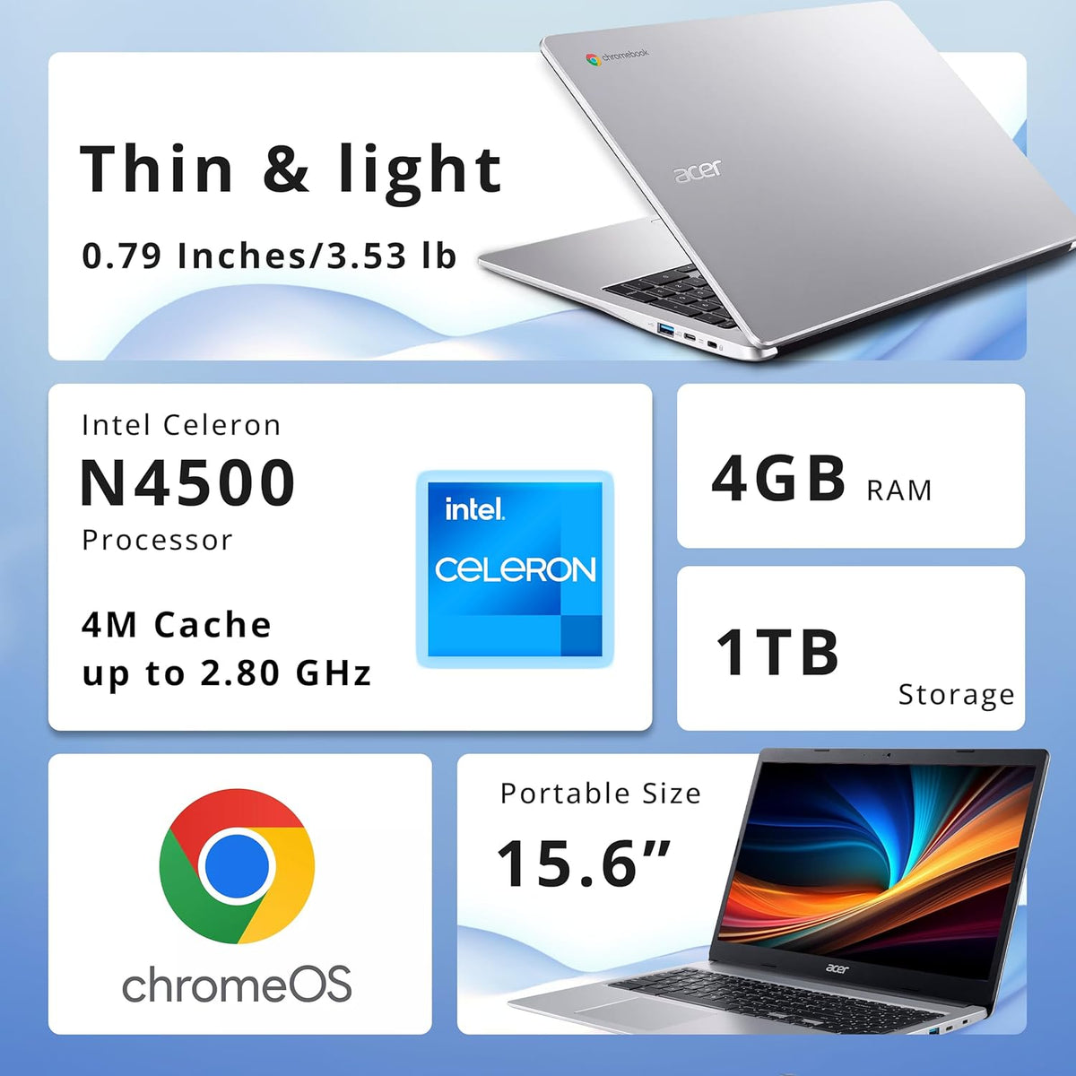 Acer Chromebook 315 15.6" FHD Laptop, 4GB LPDDR4 RAM, 1TB Storage(64GB eMMC & 1TB Docking Station Set), Intel Celeron N4500, Intel UHD Graphics, Numeric Keypad, HD Webcam, Silver, Chrome OS