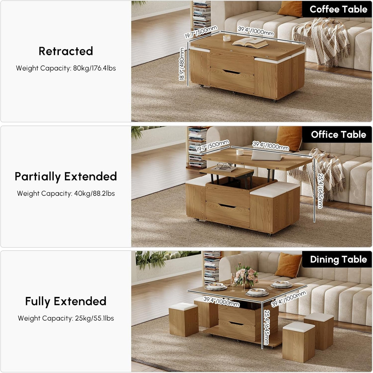 homary Natural Lift Top Coffee Table with Hidden Storage, 3 in 1 Multi-Function Modern Folding Center Table with 4 Stools and Casters