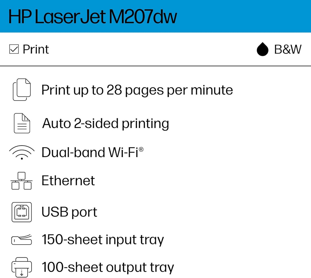 HP LaserJet M207dw Laser Wireless Printer, Black and White, Duplex, Best-for-Office