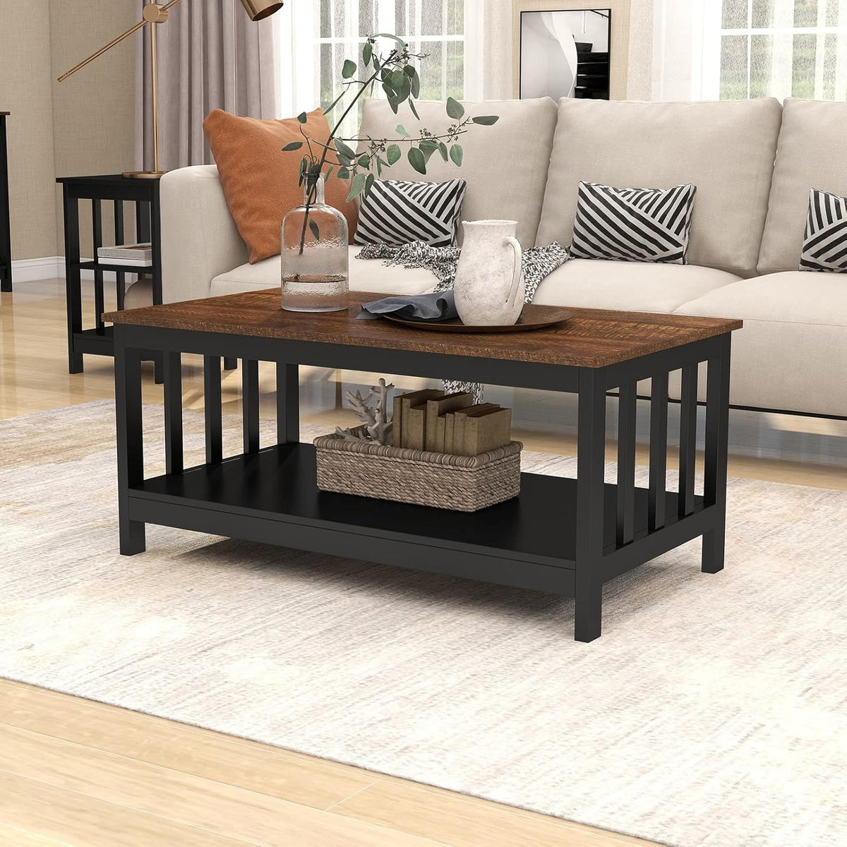 ChooChoo Farmhouse Coffee Table, Black Living Room Table with Shelf, 40 Inch