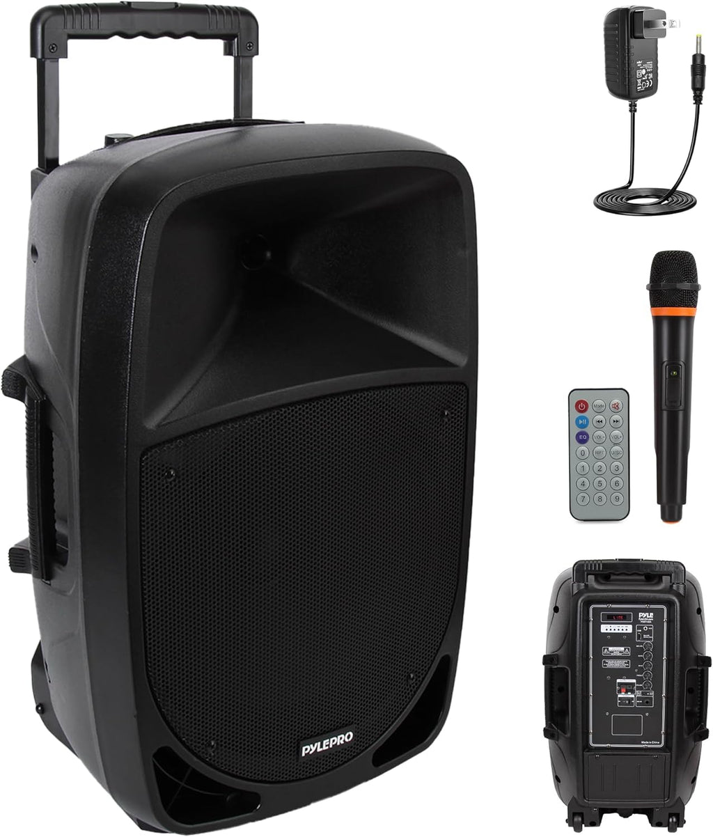 1200W Portable Bluetooth PA Speaker - 12'' Subwoofer, LED Battery Indicator Lights w/Built-in Rechargeable Battery, MP3/USB/SD Card Reader, and UHF Wireless Microphone - Pyle PSBT125A