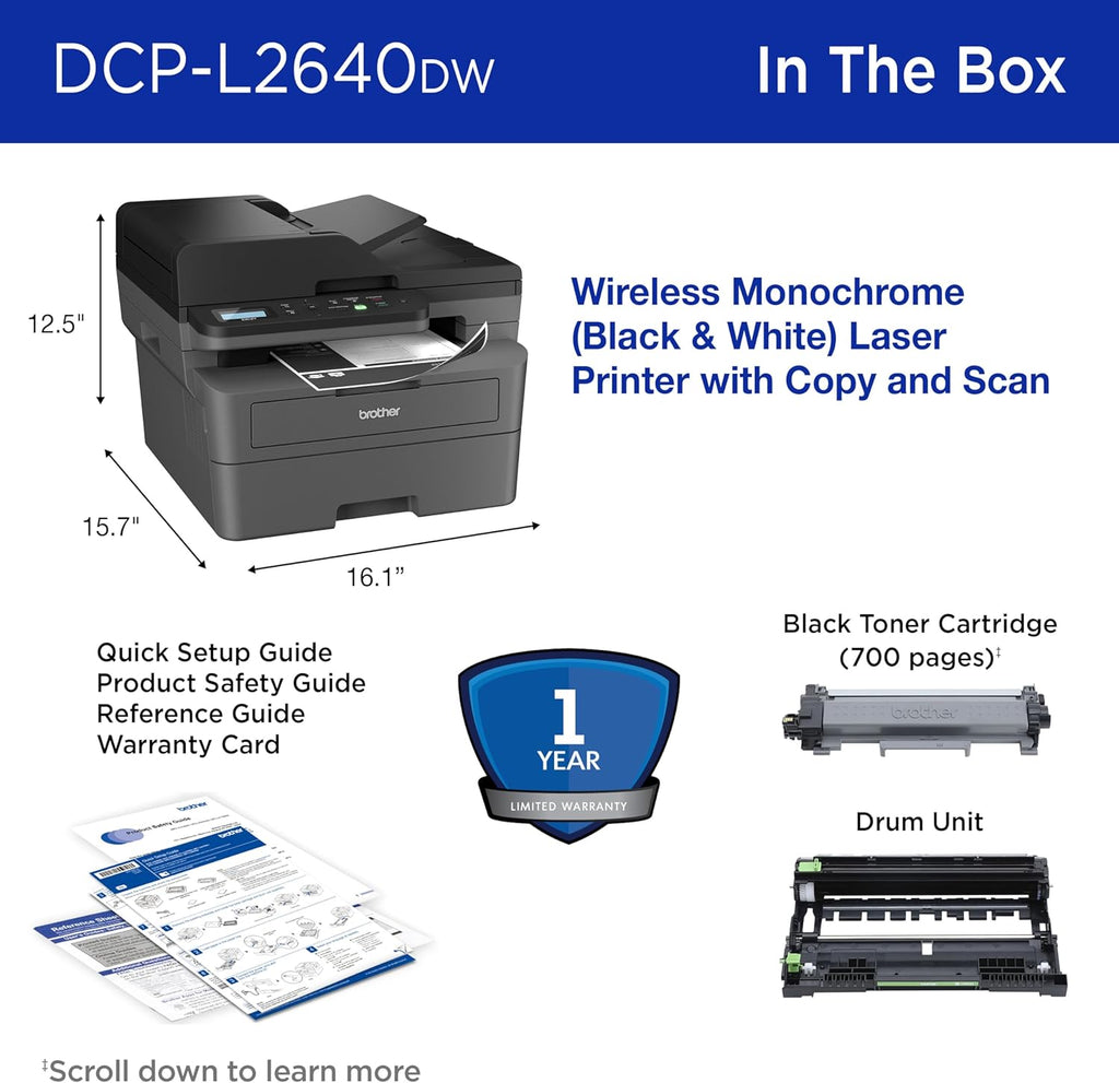 Brother DCP-L2640DW Wireless Compact Monochrome Multi-Function Laser Printer with Copy and Scan, Duplex, Mobile, Black & White | Includes Refresh Subscription Trial(1), Works with Alexa