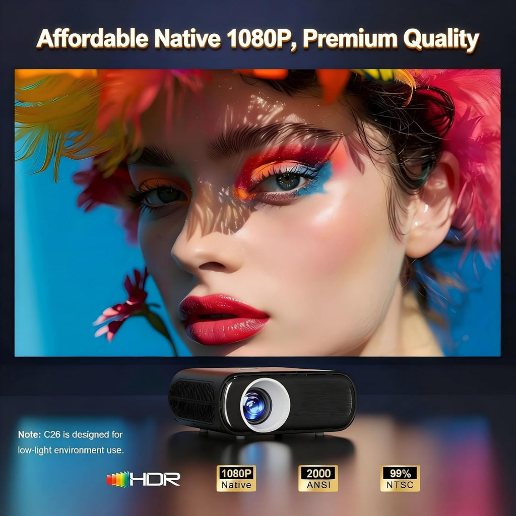 2000ANSI/GoogIe TV/Built-in Apps All-in-One Smart Projector with Wifi and Bluetooth, Goiaey C26 Mini Projector, HDMI ARC CEC GoogIe Voice, DoIby Audio, Zoom Native 1080P 4K Supported Movie Proyector