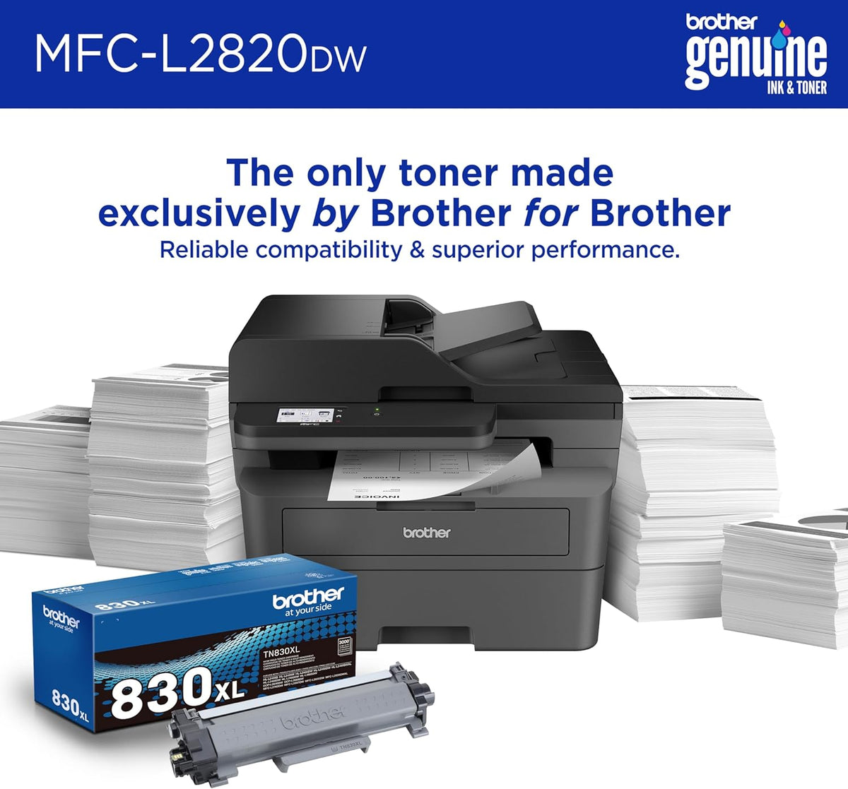 Brother MFC-L2820DW Wireless Compact Monochrome All-in-One Laser Printer with Copy, Scan and Fax, Duplex, Black & White | Includes Refresh Subscription Trial(1), Works with Alexa